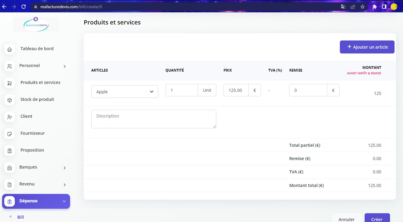 Bills create product details