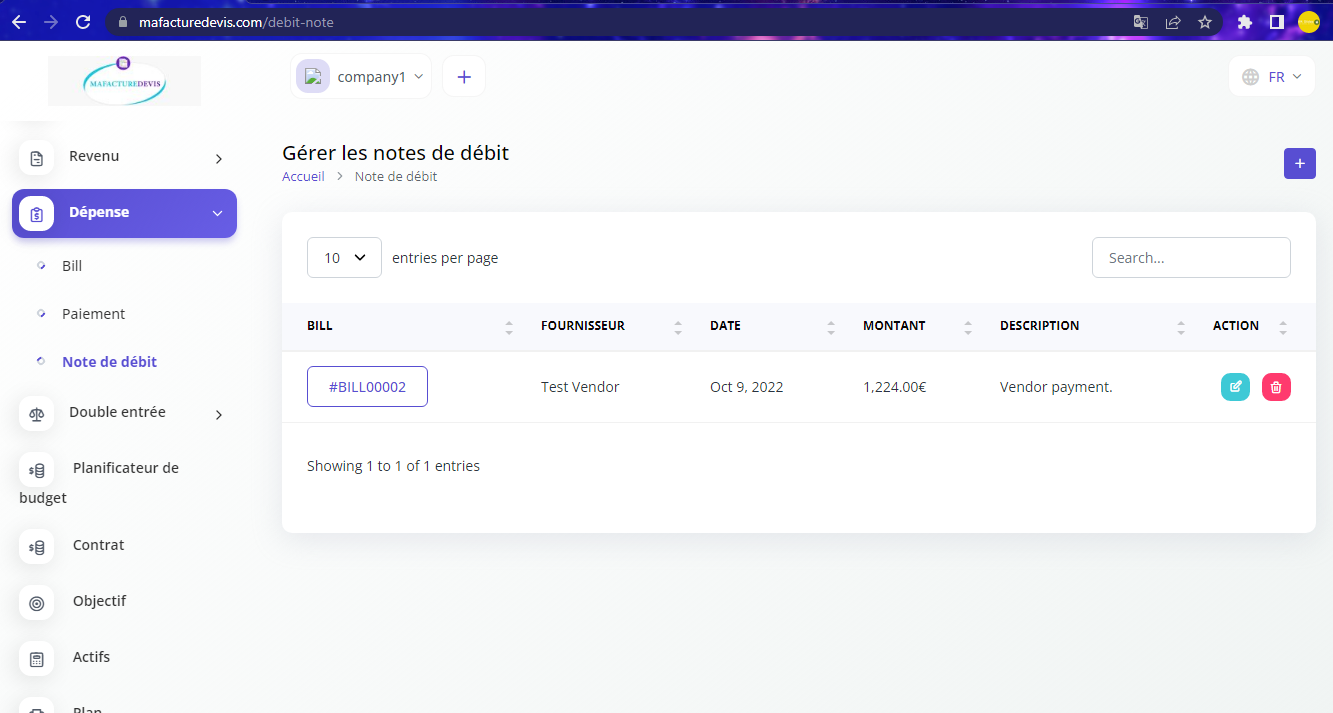 Bills Debit Note Menu