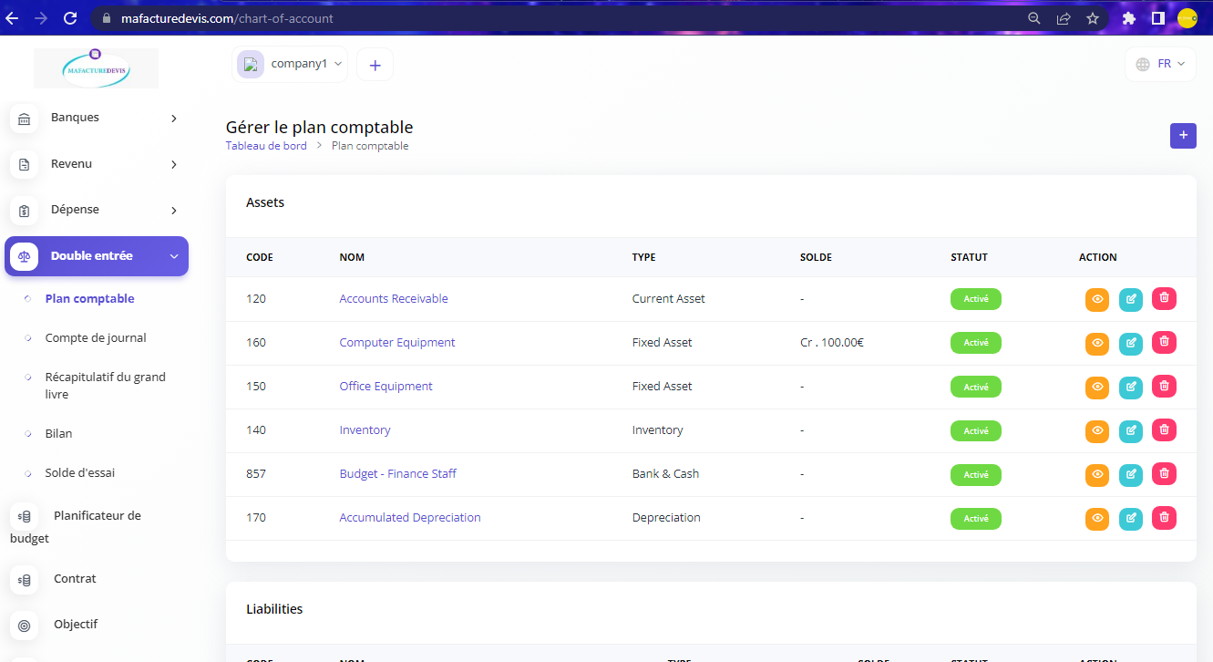 Chart of Account Menu