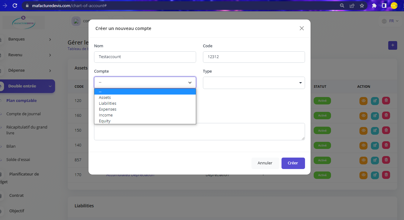 Chart of Account create type