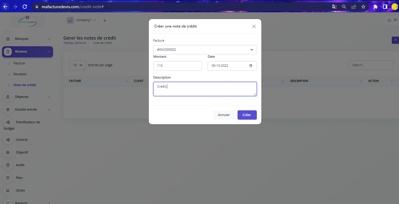 Invoice menu