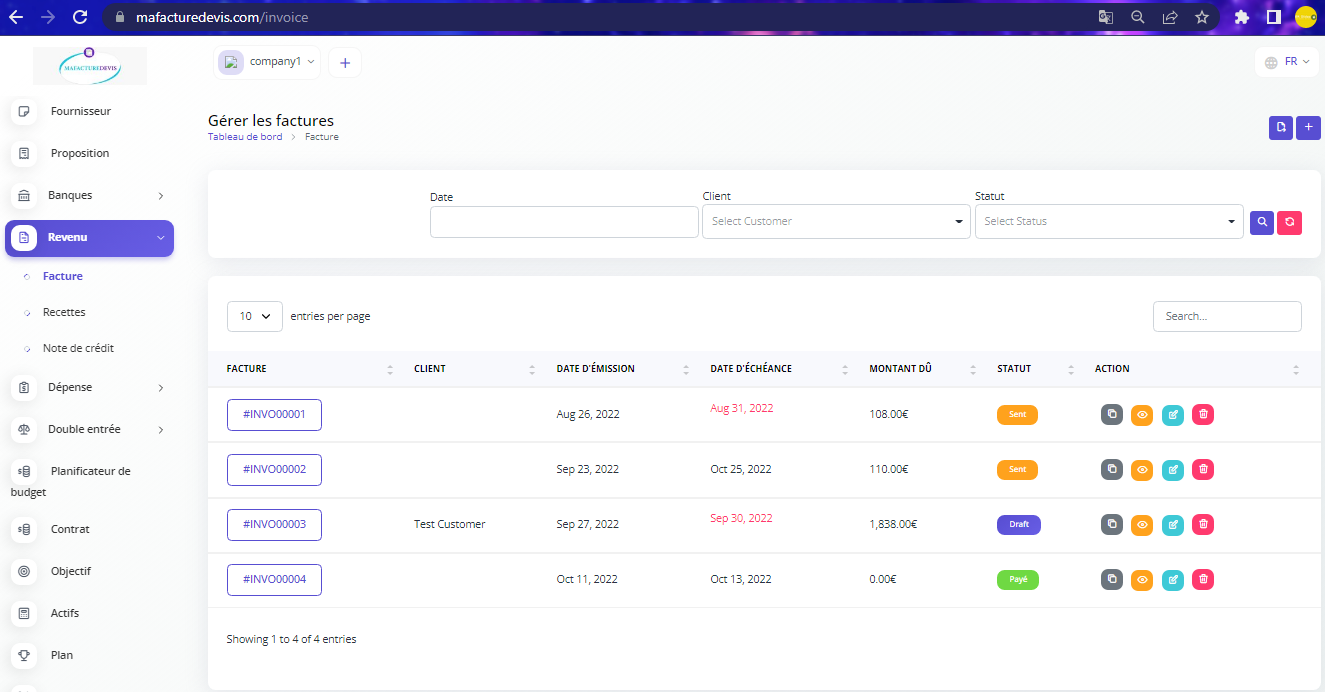 Invoice menu