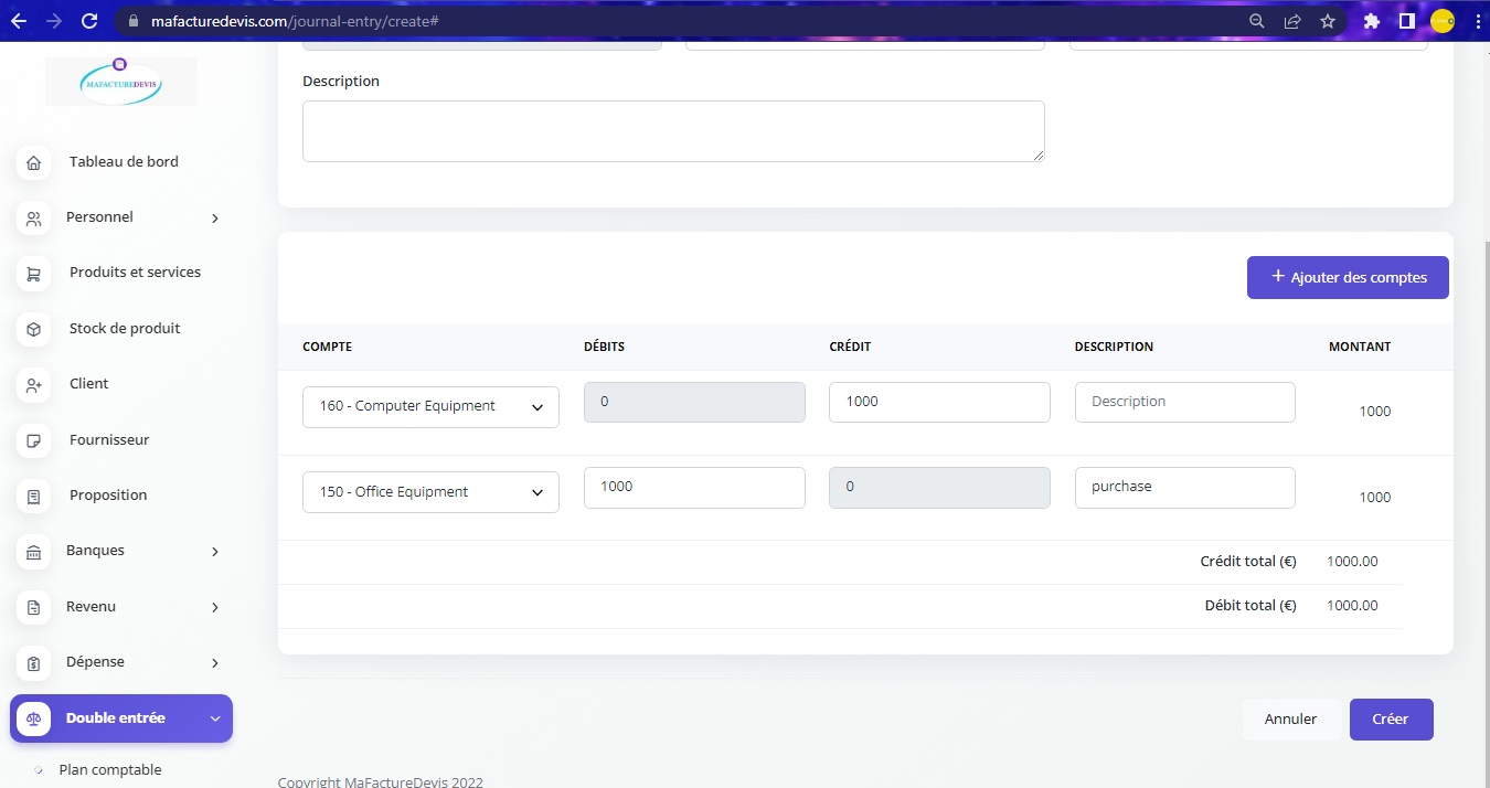 Journal Account create view